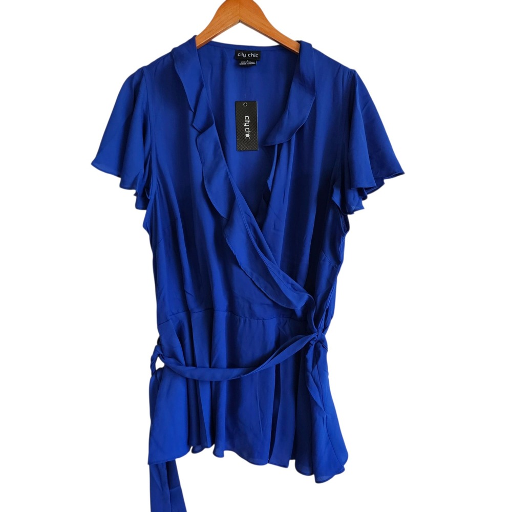 City Chic Women's Blue Ruffle Wrap Blouse Top Plus‎ Size 2X 20 NWT - Picture 3 of 13